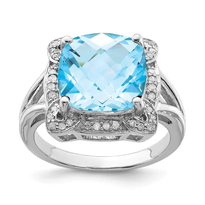 Goldia Sterling Silver Rhodium CheckerCut Swiss Blue Topaz u0026 Diamond Ring Rings