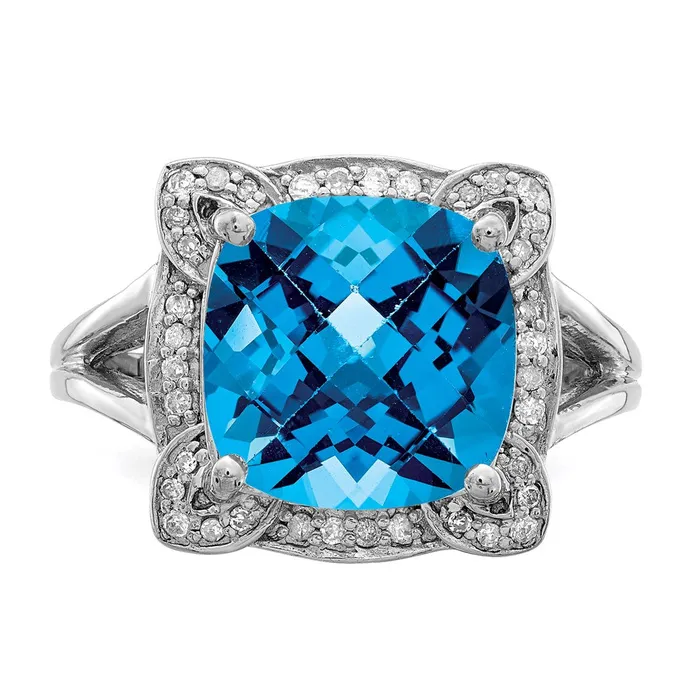 Goldia Sterling Silver Rhodium CheckerCut Swiss Blue Topaz u0026 Diamond Ring Rings