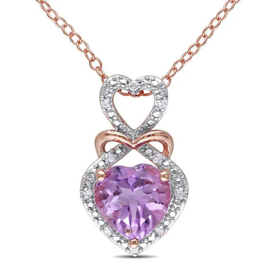 JMS always Original AMOUR Diamond and Rose De France Triple Heart Halo Pendant with Chain In 2Tone Rose and White Sterling Silver Necklaces
