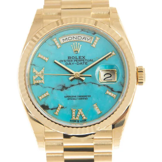 JMS always Watches Original Rolex DayDate 36 Turquoise Dial 18kt Yellow Gold President Watch 128238DSP