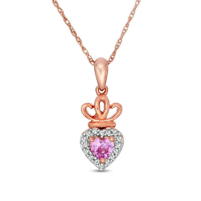 LabCreated Pink and White Sapphire Frame Heart with Crown Pendant in 10K Rose Gold Goldia Necklaces
