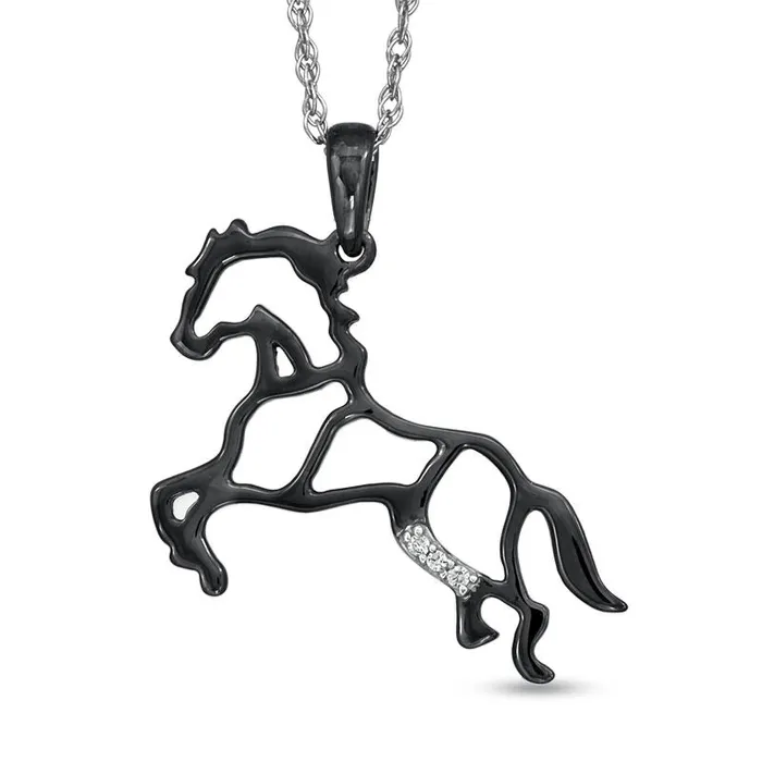 Natural Diamond Accent Stallion Horse Pendant in Black Rhodium Sterling Silver Goldia Necklaces