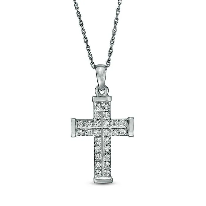 Necklaces 013 CT TW Natural Diamond Cross Pendant in 10K White Gold Goldia