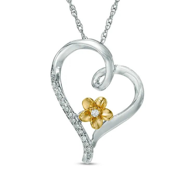 Necklaces Goldia 007 CT TW Natural Diamond Tilted Heart Flower Pendant in Sterling Silver and 10K Yellow Gold Necklaces Goldia 007 CT TW Natural Diamond Tilted Heart Flower Pendant in Sterling Silver and 10K Yellow Gold