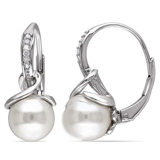 Original AMOUR 8 85 Mm White Cultured Freshwater Pearl and Diamond Twist Leverback Earrings In Sterling Silver JMS always Earrings