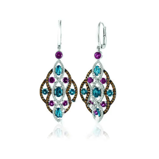 Original Le Vian Chocolatier Earrings Deep Sea Blue Topaz Raspberry Rhodolite Chocolate Diamonds Vanilla Diamonds set in 14K Vanilla Gold 65386 JMS always Earrings