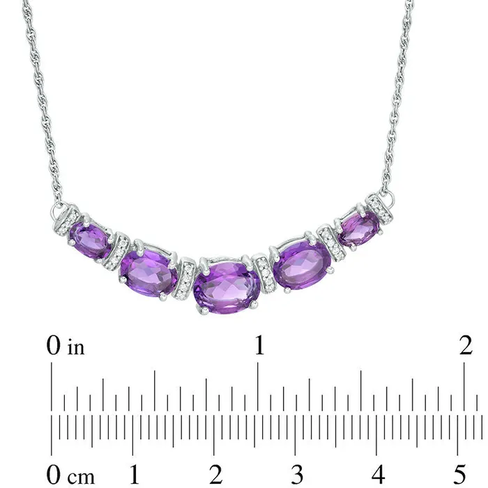 Oval Amethyst and 01 CT TW Natural Diamond Graduated Five Stone Necklace in Sterling Silver Goldia Necklaces Oval Amethyst and 01 CT TW Natural Diamond Graduated Five Stone Necklace in Sterling Silver Goldia Necklaces