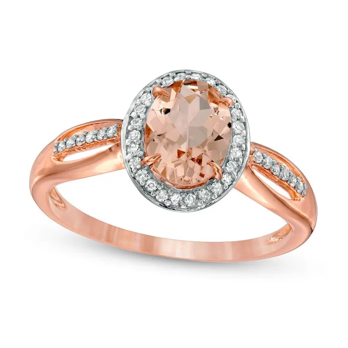 Oval Morganite and 013 CT TW Natural Diamond Frame Open Shank Ring in Solid 10K Rose Gold Goldia Rings Oval Morganite and 013 CT TW Natural Diamond Frame Open Shank Ring in Solid 10K Rose Gold Goldia Rings