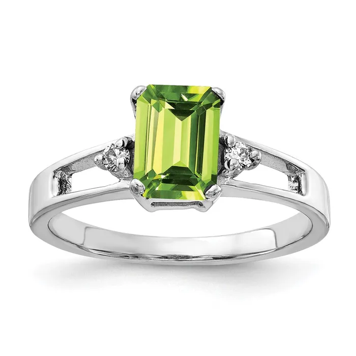 Rings 14k White Gold 7x5mm Emerald Cut Peridot AA Diamond ring Goldia