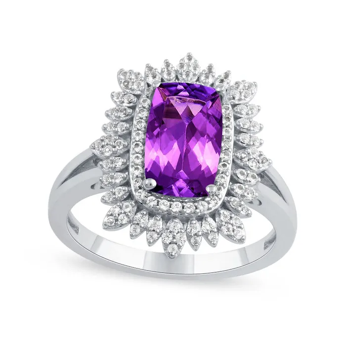 Rings CushionCut Amethyst and White Topaz Floral Frame Split Shank Ring in Solid 10K White Gold Goldia Rings CushionCut Amethyst and White Topaz Floral Frame Split Shank Ring in Solid 10K White Gold Goldia
