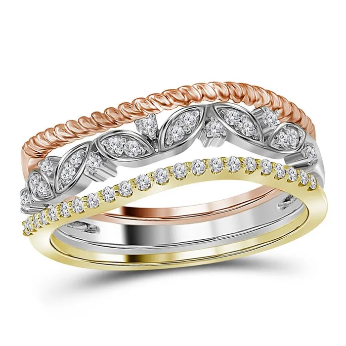 Rings gndatlanta 10k TriTone Gold Diamond Stackable Rope Floral Band Ring 3Piece Set 15 Cttw Rings gndatlanta 10k TriTone Gold Diamond Stackable Rope Floral Band Ring 3Piece Set 15 Cttw