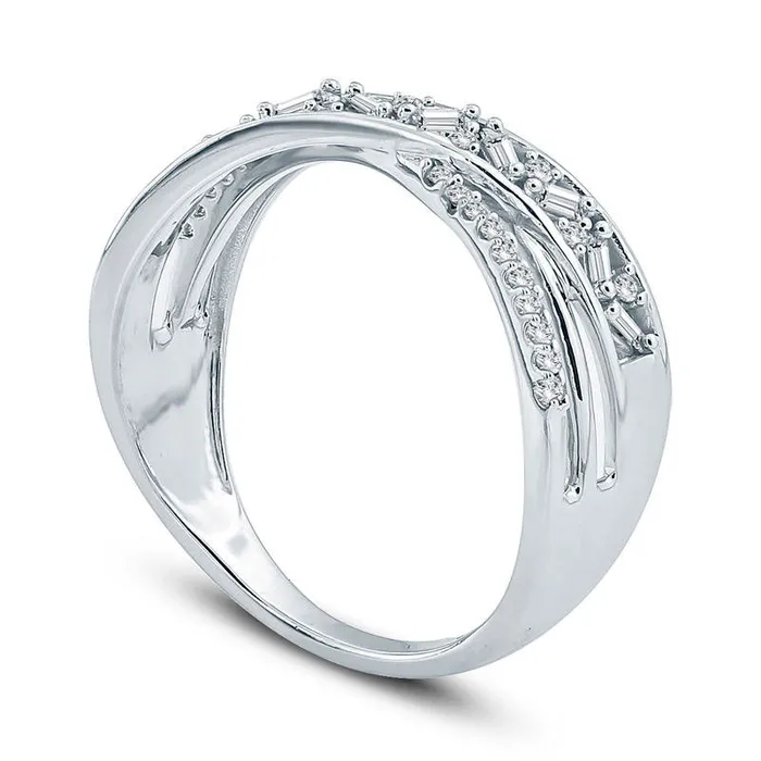 Rings Goldia 025 CT TW Baguette and Round Natural Diamond Crossover Ring in Solid 10K White Gold