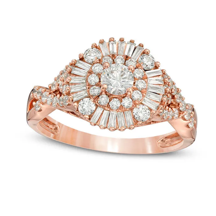 Rings Goldia 10 CT TW Baguette and Round Natural Diamond Sunburst Frame TriSides Engagement Ring in Solid 14K Rose Gold Rings Goldia 10 CT TW Baguette and Round Natural Diamond Sunburst Frame TriSides Engagement Ring in Solid 14K Rose Gold