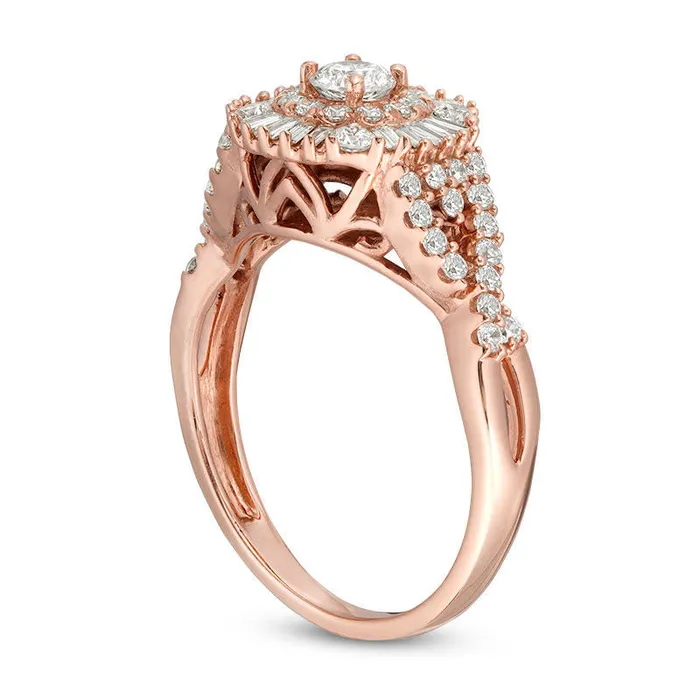 Rings Goldia 10 CT TW Baguette and Round Natural Diamond Sunburst Frame TriSides Engagement Ring in Solid 14K Rose Gold Rings Goldia 10 CT TW Baguette and Round Natural Diamond Sunburst Frame TriSides Engagement Ring in Solid 14K Rose Gold