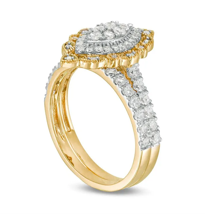 Rings Goldia 10 CT TW Composite Natural Diamond Scallop Marquise Frame Antique VintageStyle Bridal Engagement Ring Set in Solid 10K Yellow Gold Rings Goldia 10 CT TW Composite Natural Diamond Scallop Marquise Frame Antique VintageStyle Bridal Engagement Ring Set in Solid 10K Yellow Gold