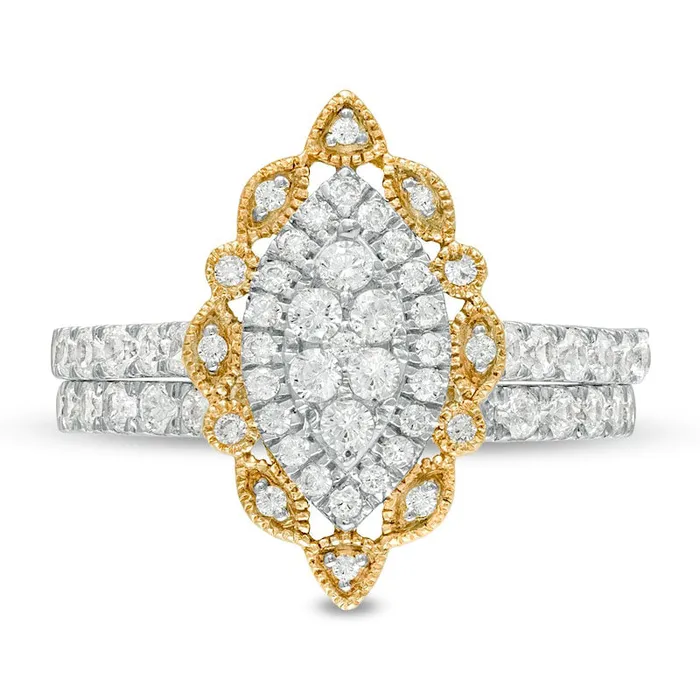 Rings Goldia 10 CT TW Composite Natural Diamond Scallop Marquise Frame Antique VintageStyle Bridal Engagement Ring Set in Solid 10K Yellow Gold Rings Goldia 10 CT TW Composite Natural Diamond Scallop Marquise Frame Antique VintageStyle Bridal Engagement Ring Set in Solid 10K Yellow Gold