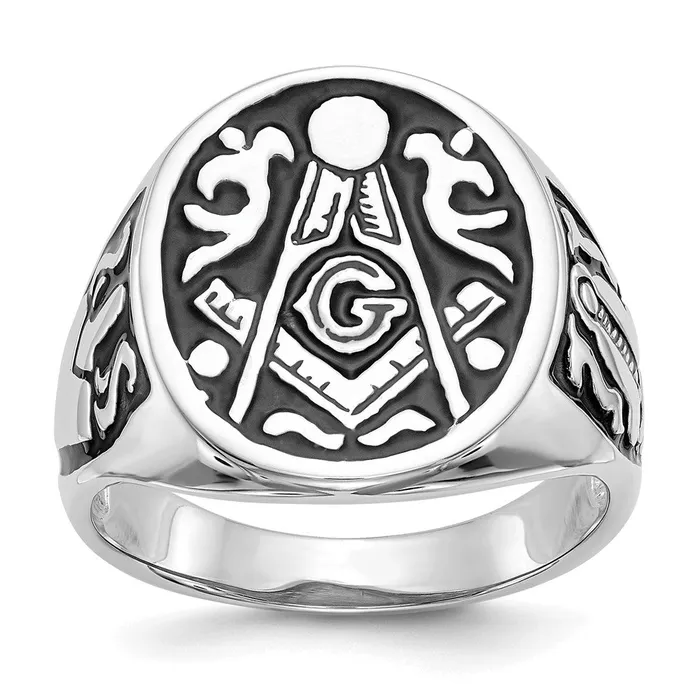 Rings Goldia 14k White Gold Mens Polished and Grooved with Black Enamel Masonic Ring