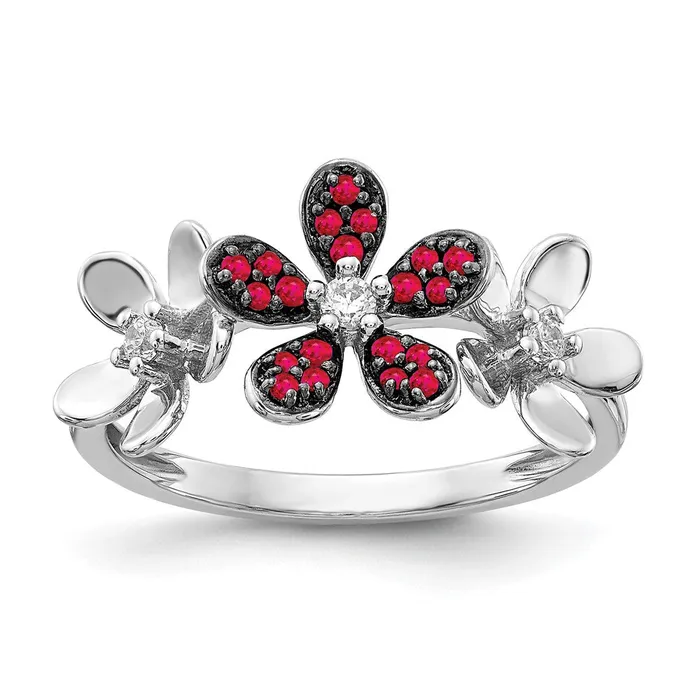 Rings Goldiacom 14k White Gold Real Diamond and Ruby Flower Ring