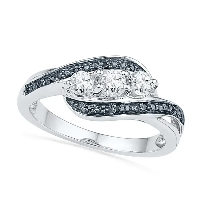 Rings Goldia LabCreated White Sapphire and Enhanced Black Diamond Accent Three Ribbon Stone Promise Ring in Sterling Silver
