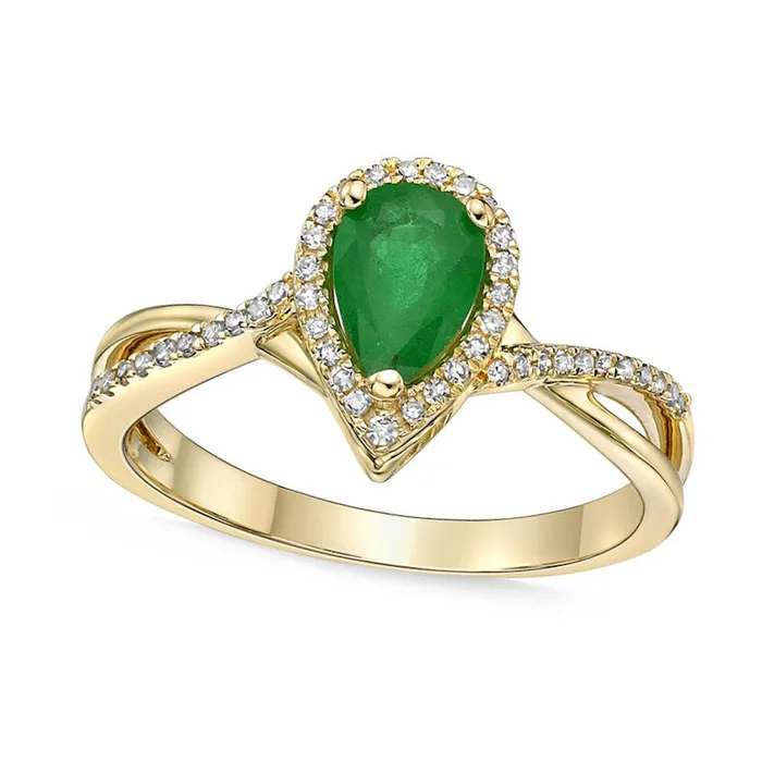 Rings Goldia PearShaped Emerald and 013 CT TW Natural Diamond Frame Twist Shank Ring in Solid 10K Yellow Gold Rings Goldia PearShaped Emerald and 013 CT TW Natural Diamond Frame Twist Shank Ring in Solid 10K Yellow Gold
