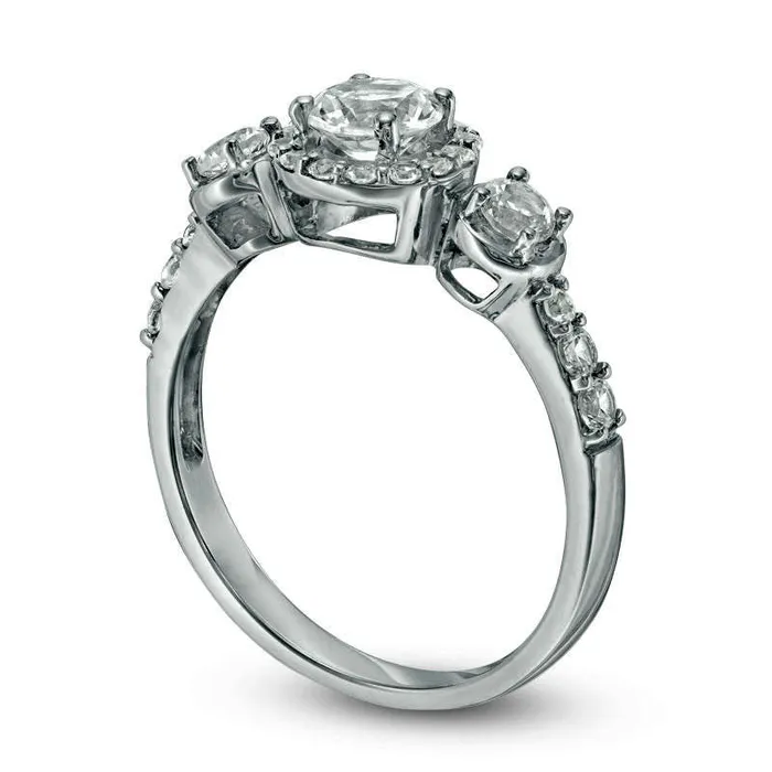 Rings LabCreated White Sapphire Three Stone Frame Engagement Ring in Sterling Silver Goldia Rings LabCreated White Sapphire Three Stone Frame Engagement Ring in Sterling Silver Goldia