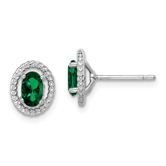 Sterling Silver Rhodplat Created Emerald Oval Post Earrings Goldia Earrings