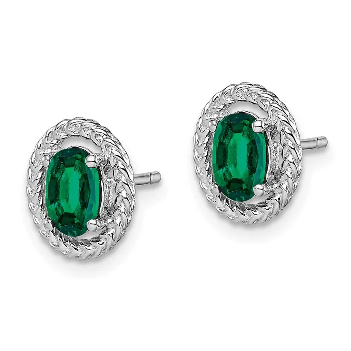 Sterling Silver Rhodplat Created Emerald Oval Post Earrings Goldia Earrings
