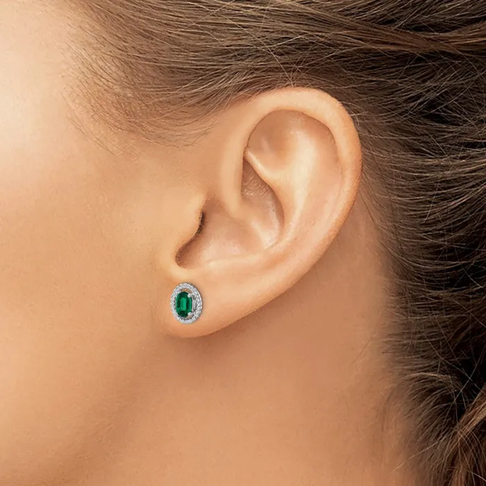 Sterling Silver Rhodplat Created Emerald Oval Post Earrings Goldia Earrings