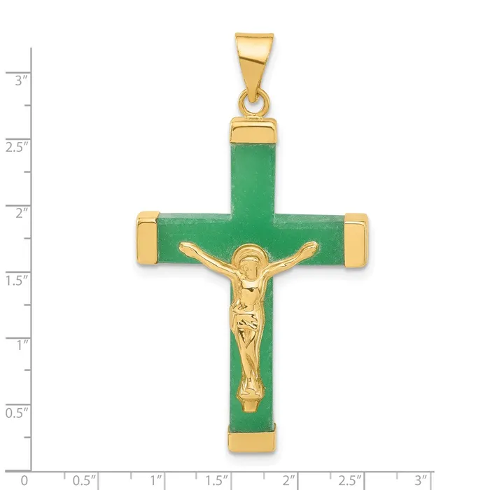 14k Yellow Gold 3D Green Dyed Quartz Crucifix Pendant TreasureFineJewelers Necklaces