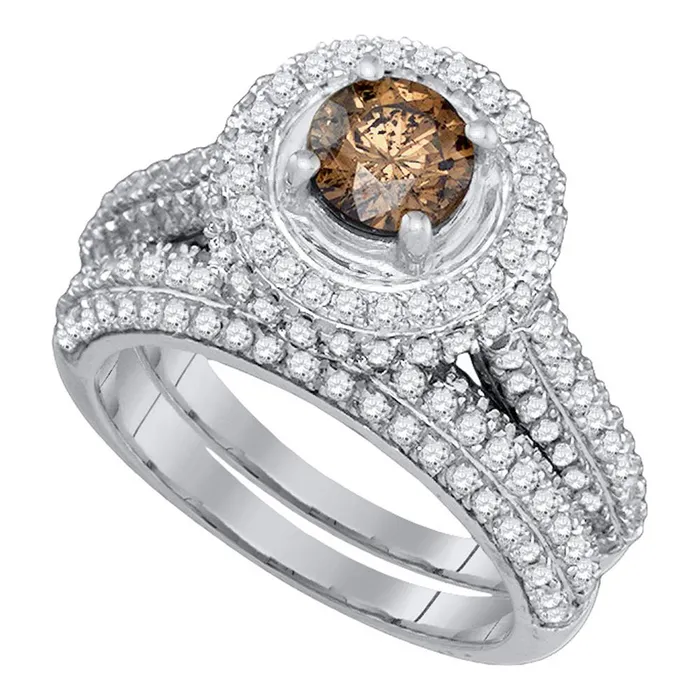 14kt white gold womens round cognac brown color enhanced diamond halo bridal wedding engagement ring band set 2 112 cttw77610 North Arrow Shop Rings