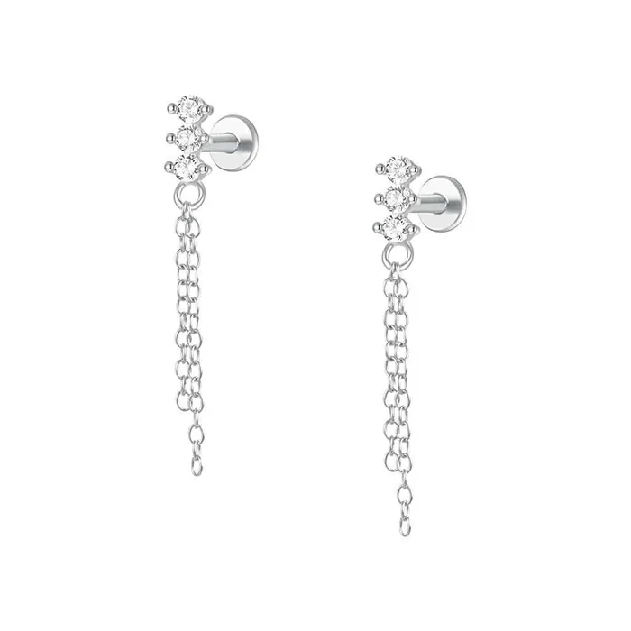 925 Silver Three Ball Tassel CZ Diamond Flat Earrings Trendolla Jewelry Earrings