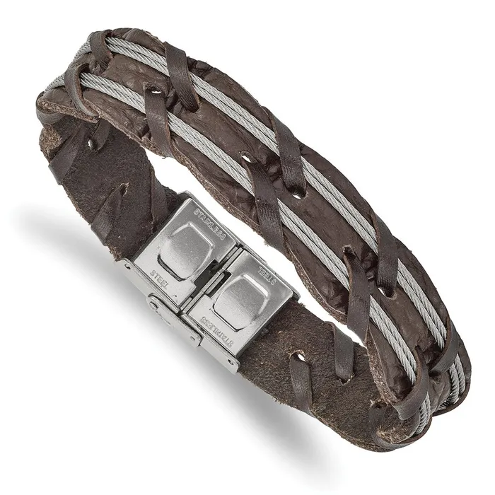 Bracelets TreasureFineJewelers Chisel Stainless Steel Polished Cable and Brown Leather 85 inch Bracelet Bracelets TreasureFineJewelers Chisel Stainless Steel Polished Cable and Brown Leather 85 inch Bracelet