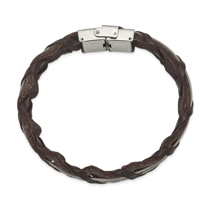 Bracelets TreasureFineJewelers Chisel Stainless Steel Polished Cable and Brown Leather 85 inch Bracelet