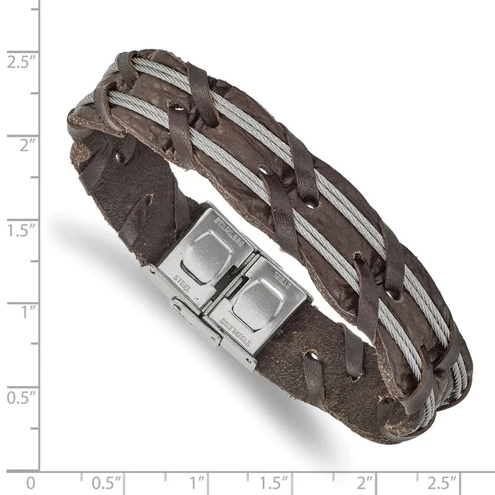 Bracelets TreasureFineJewelers Chisel Stainless Steel Polished Cable and Brown Leather 85 inch Bracelet