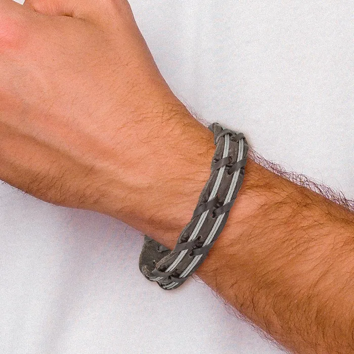 Bracelets TreasureFineJewelers Chisel Stainless Steel Polished Cable and Brown Leather 85 inch Bracelet