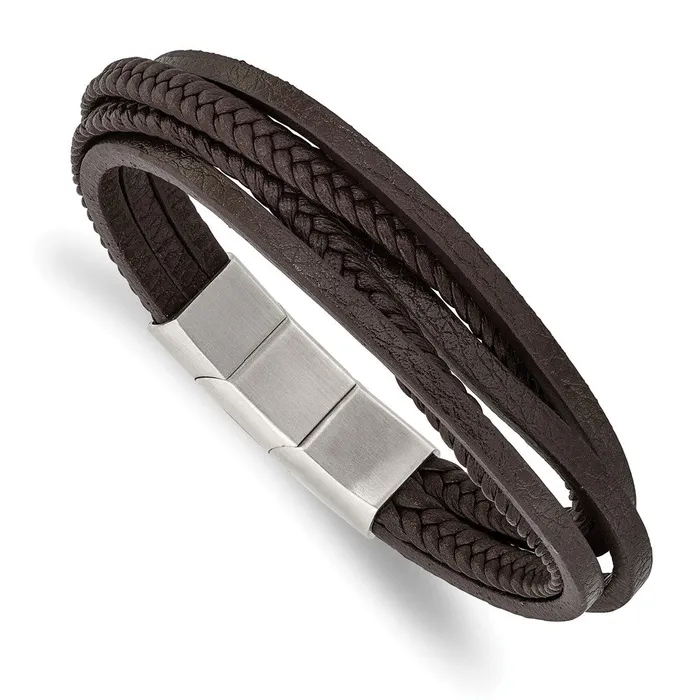 Bracelets TreasureFineJewelers Chisel Stainless Steel Polished Multi Strand Brown PU Leather 8 inch Bracelet with 5 inch Extension Bracelets TreasureFineJewelers Chisel Stainless Steel Polished Multi Strand Brown PU Leather 8 inch Bracelet with 5 inch Extension