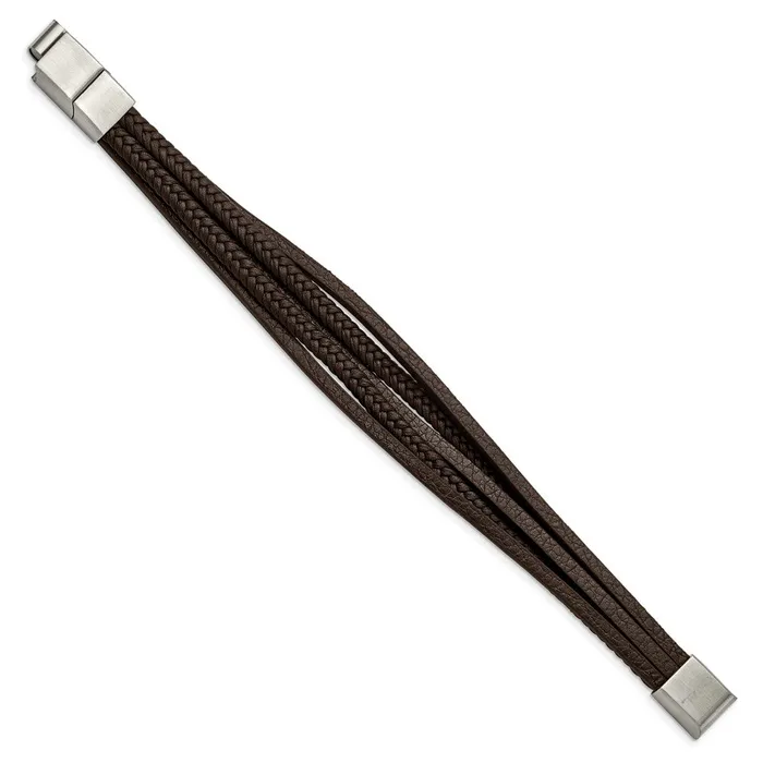Bracelets TreasureFineJewelers Chisel Stainless Steel Polished Multi Strand Brown PU Leather 8 inch Bracelet with 5 inch Extension