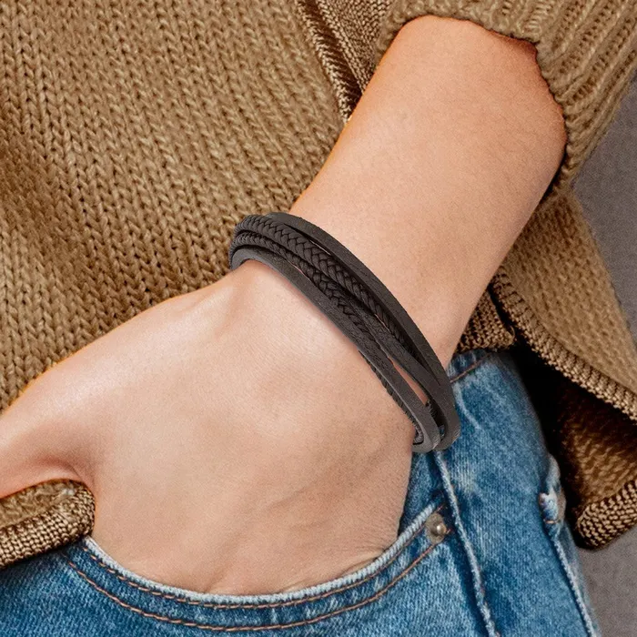 Bracelets TreasureFineJewelers Chisel Stainless Steel Polished Multi Strand Brown PU Leather 8 inch Bracelet with 5 inch Extension