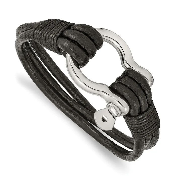 Bracelets TreasureFineJewelers Chisel Stainless Steel Polished Shackle Multi Strand Black Leather 85 inch Bracelet Bracelets TreasureFineJewelers Chisel Stainless Steel Polished Shackle Multi Strand Black Leather 85 inch Bracelet