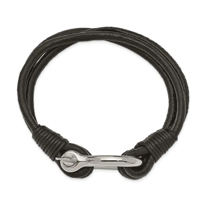 Bracelets TreasureFineJewelers Chisel Stainless Steel Polished Shackle Multi Strand Black Leather 85 inch Bracelet