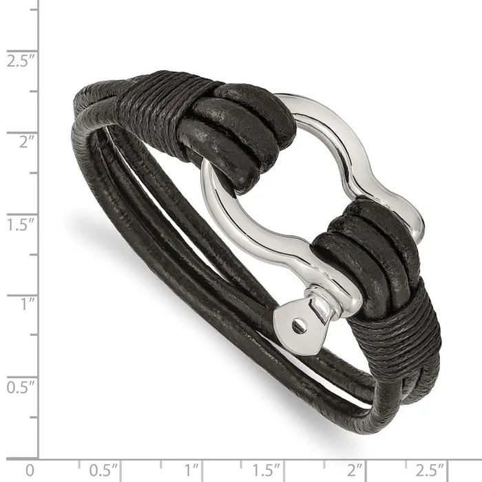 Bracelets TreasureFineJewelers Chisel Stainless Steel Polished Shackle Multi Strand Black Leather 85 inch Bracelet