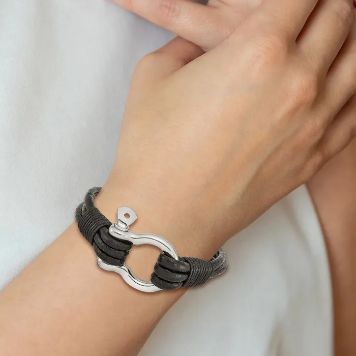 Bracelets TreasureFineJewelers Chisel Stainless Steel Polished Shackle Multi Strand Black Leather 85 inch Bracelet
