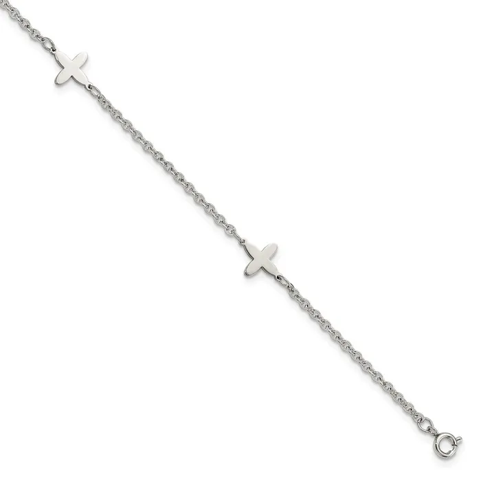 Bracelets TreasureFineJewelers Stainless Steel Polished Cross Charms w1in ext 9in Anklet Bracelets TreasureFineJewelers Stainless Steel Polished Cross Charms w1in ext 9in Anklet