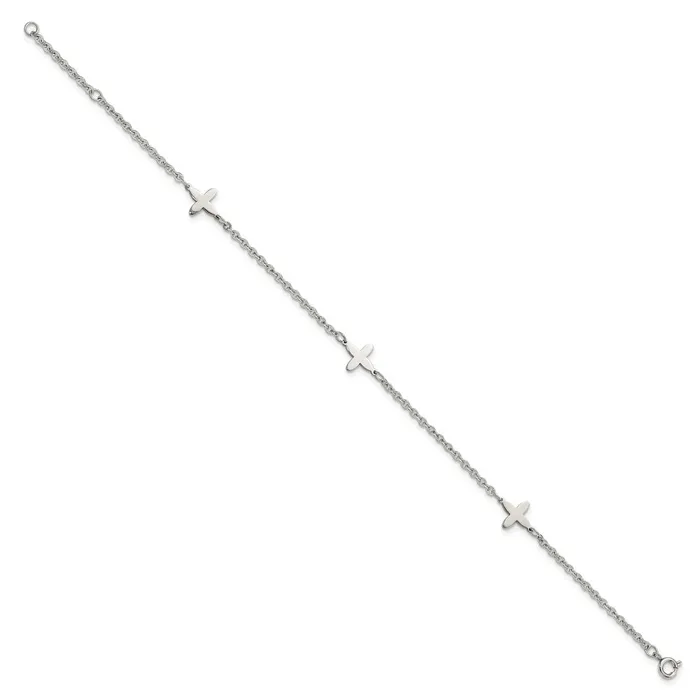 Bracelets TreasureFineJewelers Stainless Steel Polished Cross Charms w1in ext 9in Anklet