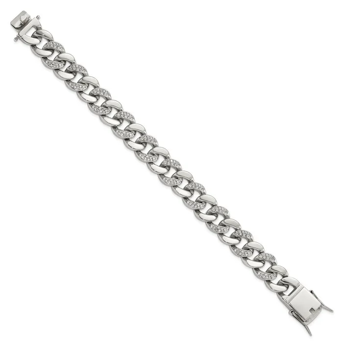 Bracelets TreasureFineJewelers Stainless Steel Polished wCZ 8in Bracelet
