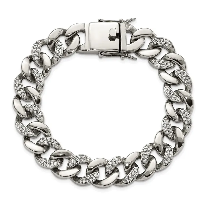 Bracelets TreasureFineJewelers Stainless Steel Polished wCZ 8in Bracelet