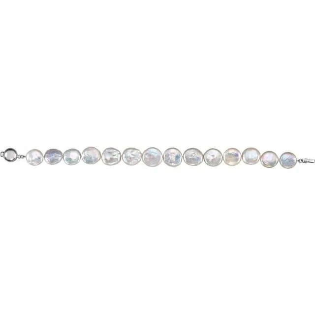 Bracelets TreasureFineJewelers Sterling Silver 1314 mm Cultured White Freshwater Pearl Coin 7 34 Bracelet