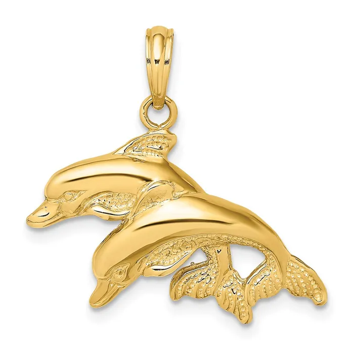 Charm Necklaces TreasureFineJewelers 14K 2D Polished Engraved Double Dolphins Charm