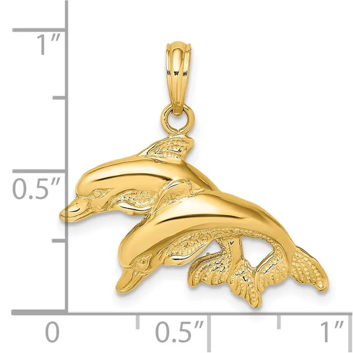 Charm Necklaces TreasureFineJewelers 14K 2D Polished Engraved Double Dolphins Charm