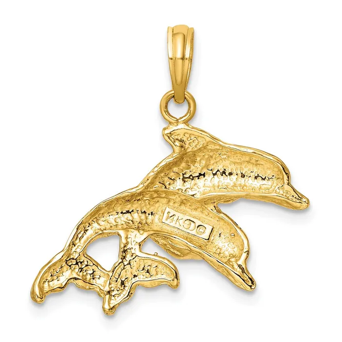 Charm Necklaces TreasureFineJewelers 14K 2D Polished Engraved Double Dolphins Charm